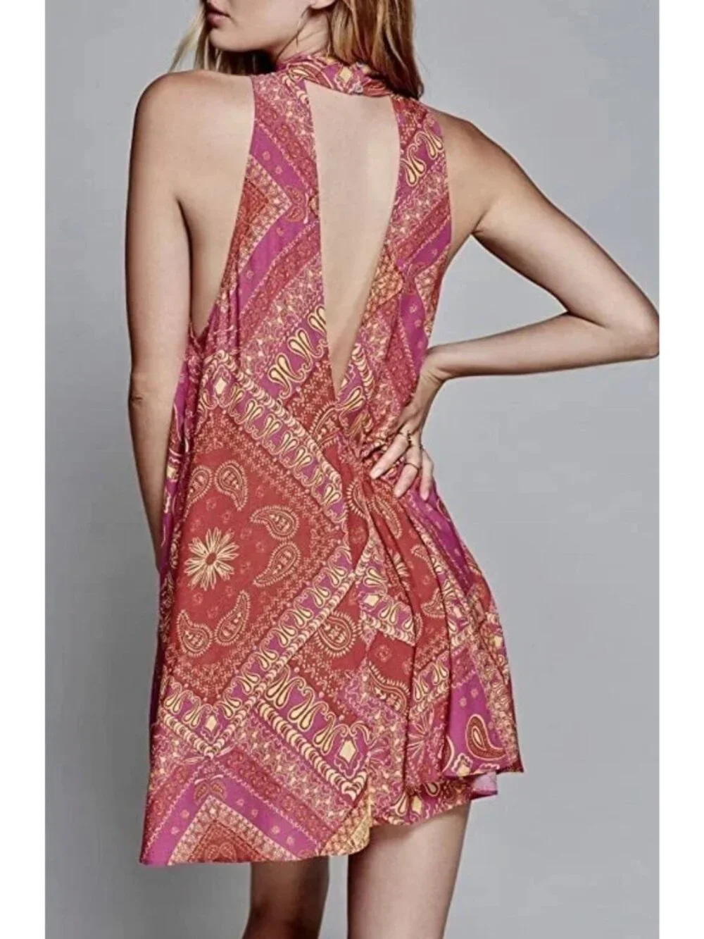 FREE PEOPLE Intimately S Beaux Mock Neck Slip Dress Pink  Pink Mini Paisley S P